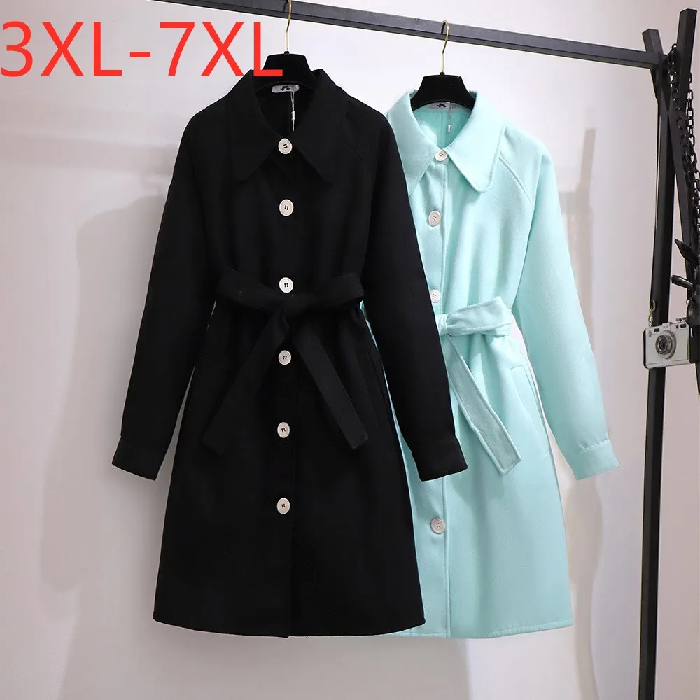 Mantel Panjang Pakaian Wanita Ukuran Plus Musim Gugur Musim Dingin Wanita Baru Sabuk Hitam Longgar Besar Mantel Penahan Angin Wol 4XL 5XL 6XL 7XL