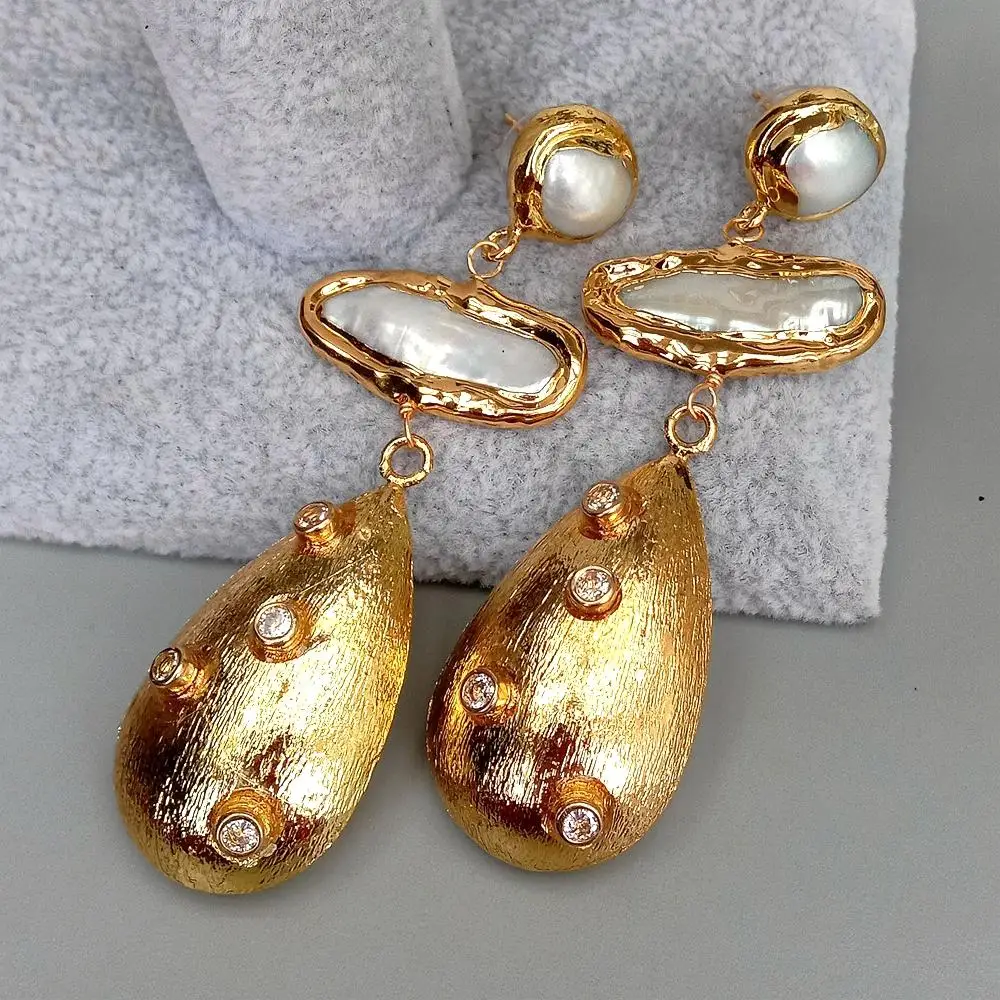 KKGEM natürliche Züchteten 12x28mm Weiß Biwa Perle Teardrop 23x36mm Brushed Perle Cz Pflastern Stud ohrringe