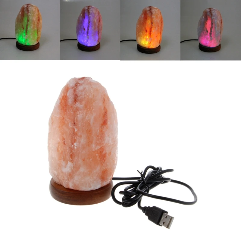 Hand Carved USB Wooden Base Himalayan Rock Salt Lamp Air Purifier Night Light Bedroom Decoration Home Drop Shipping