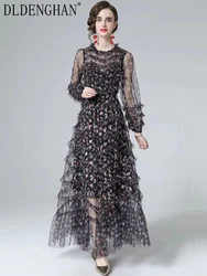 DLDENGHAN Fashion Designer Summer Mesh Maxi Dress Women O-Neck Lantern Sleeve Flower Print Cascading Ruffle Bohemian Long Dress