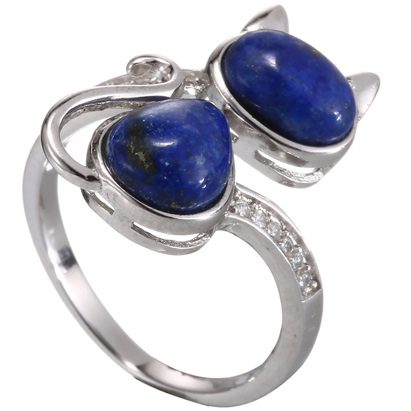 AMORUI Lapis Lazuli Natural Stone Women Rings 925 Sterling Silver Cute/Romantic Cat Zircon Rings Party/Weeding/Birthday Jewelry