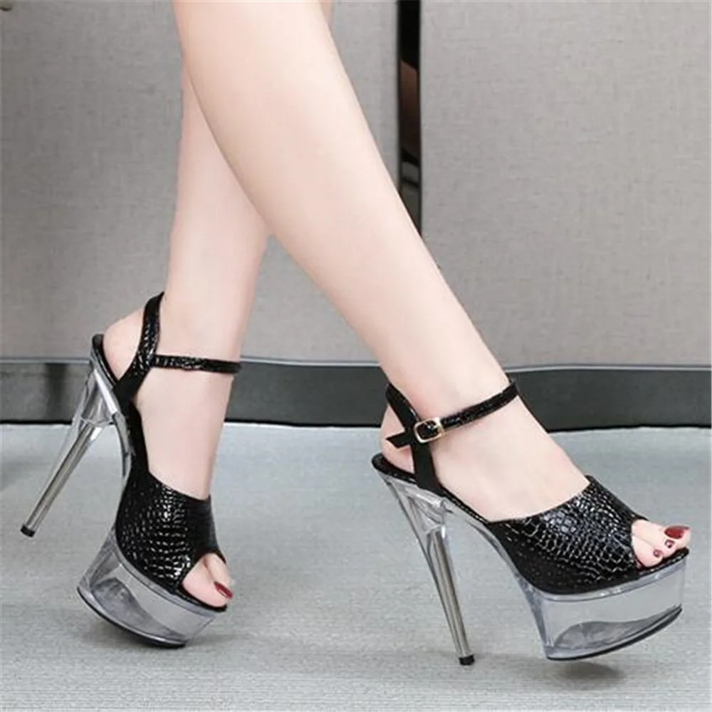 Steel Tube Dancing Female Sandals Crystal Transparent Sole Women Summer High Heel 13/15CM Nightclub Stiletto Wedding Shoes 34-43