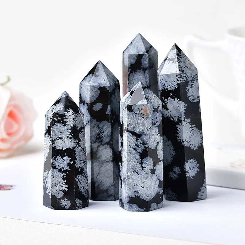 Natural Snowflake Obsidian Quartz Crystal Point Wand Healing Stone Energy Quartz Home Decoration Reiki Polished Stone Tower