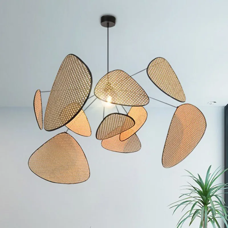 

Nordic Designer Leaf Grid Rural Head Made Rattan Led Pendant Lamp Retro Restaurant Bedroom Kitchen Decor Hanging Light Fixtures