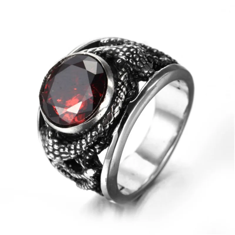 European and American stainless steel ring men\'s jewelry vintage inlaid red and black stone plate snake titanium steel ring