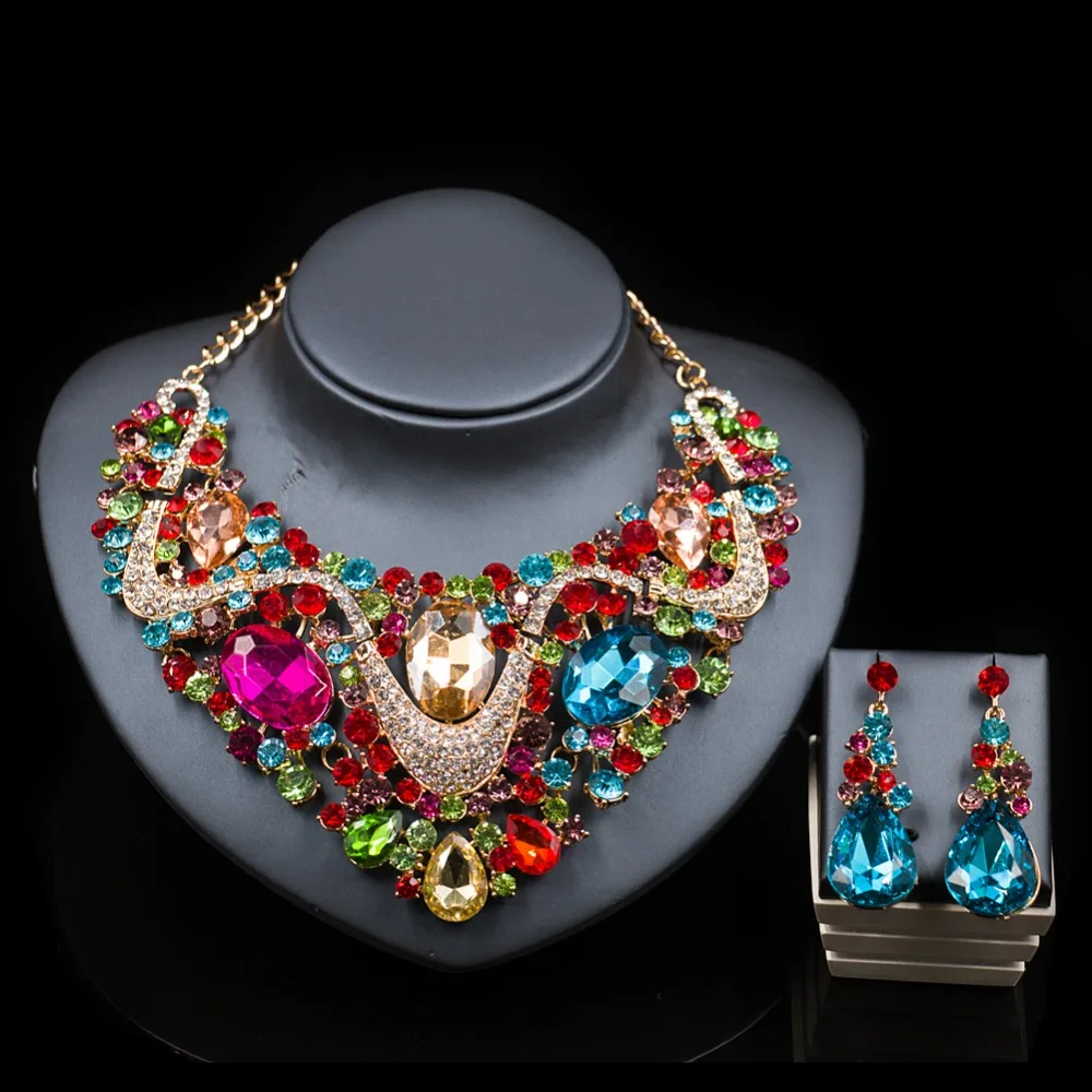 Lan palace  new costume jewelry necklace sets gold color necklace and earrings for wedding six colors free shipping