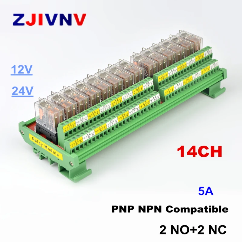 

14-Channel 2NO+2NC Rail Mount Interface Relay Module Compatible With G2R-2 5A Input PNP NPN DC 12V 24V