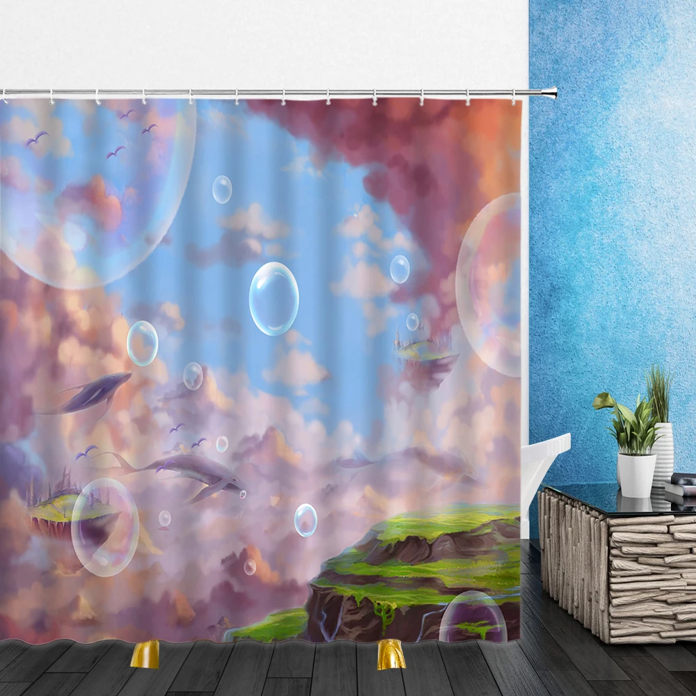 Cartoons Shower Curtains Dolphin Dream Bubble Natural Landscape 3D Print Bathroom Home Decor Waterproof Polyester Cloth Curtain