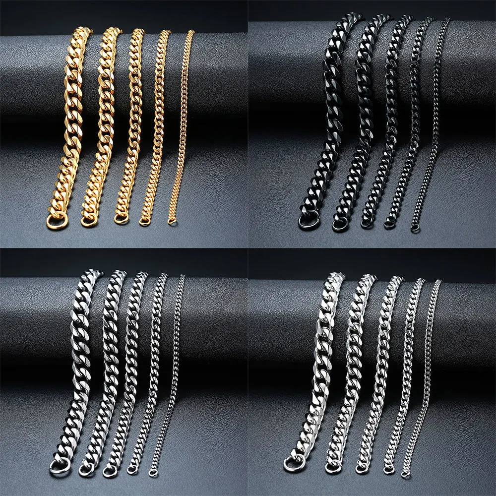 New 3-11mm Men Women Stainless Steel Curb Cuban Link Chain Bracelets Silver Color Black Gold Bracelet  Jewelry Gift Accessories