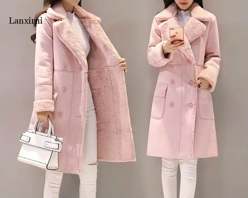 

Women Fashion Lamb Wool Lining Coat Winter New Female Thickening Medium Long Turn-down Collar Double-breasted Suede Overcoat