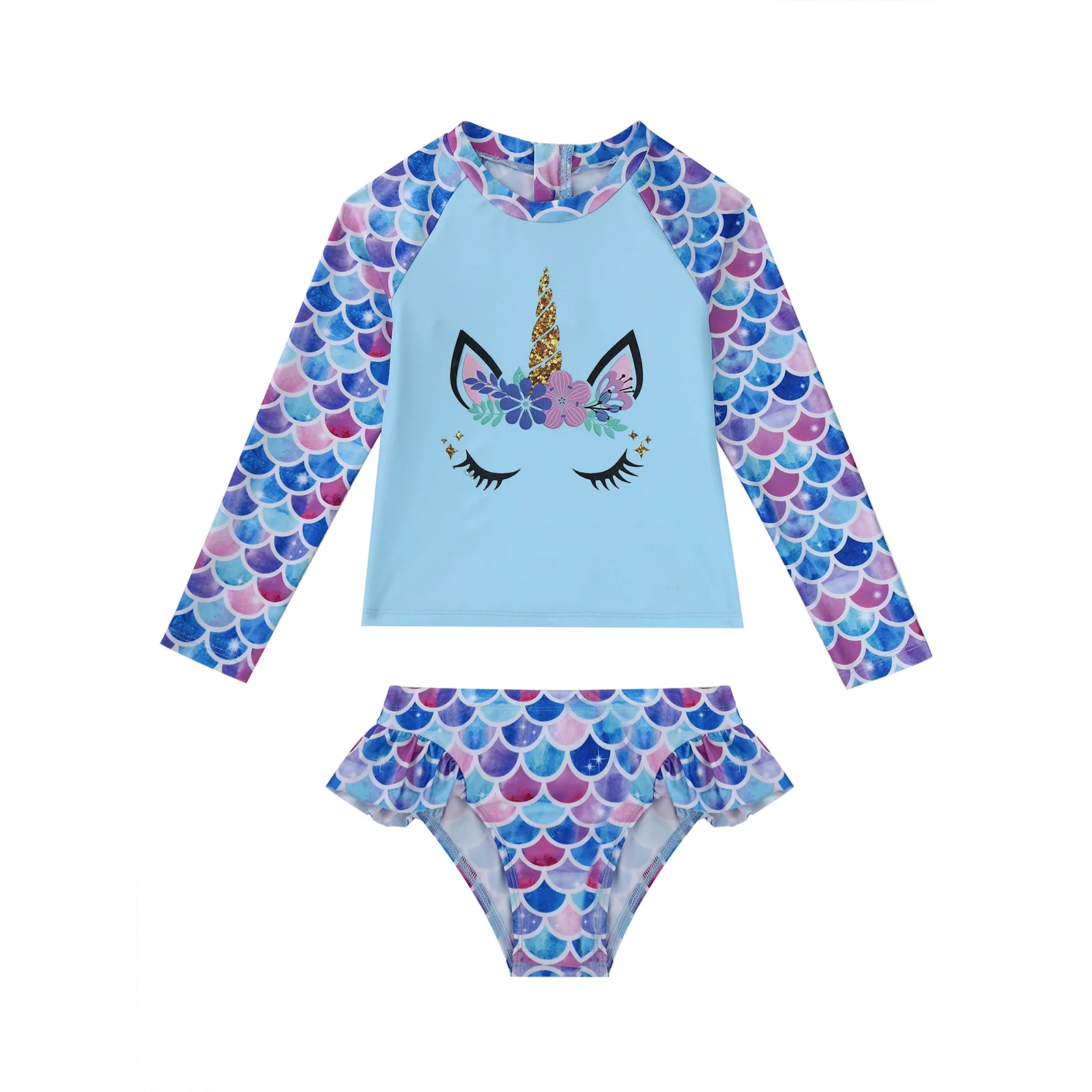 TiaoBug 2Pcs Kinder Mädchen Fisch Waagen Druck Schwimmen Anzug Rundhals Langen Ärmeln Cartoon Pferd Drucken Tops Und Briefs set Bademode