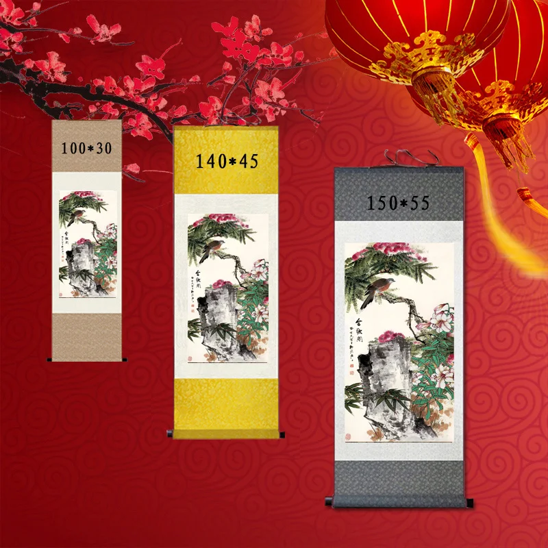 (customized) meet and enjoy picture, silk scroll painting, living room decoration hanging painting