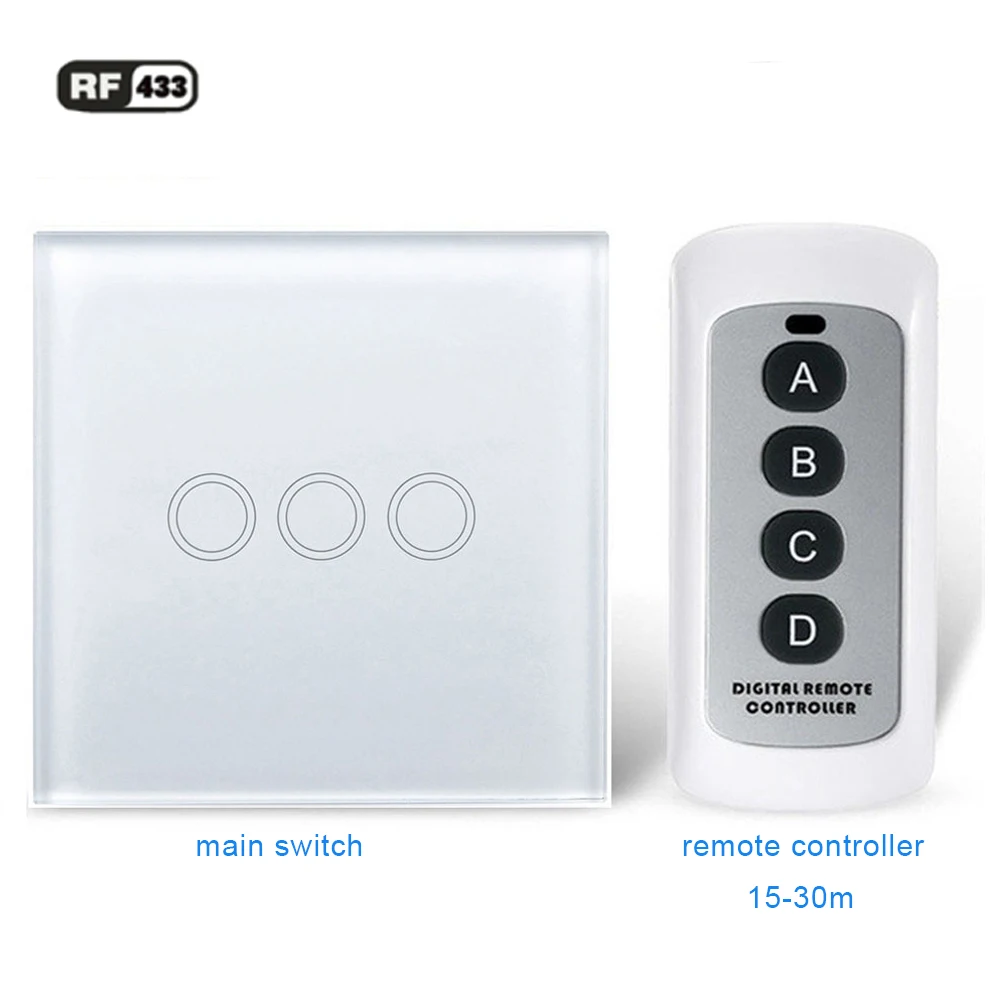 1/2/3gang RF 433 433Mhz wall light touch switch w/ tempered glass panel RF433 wireless remote controller NO Neutral line