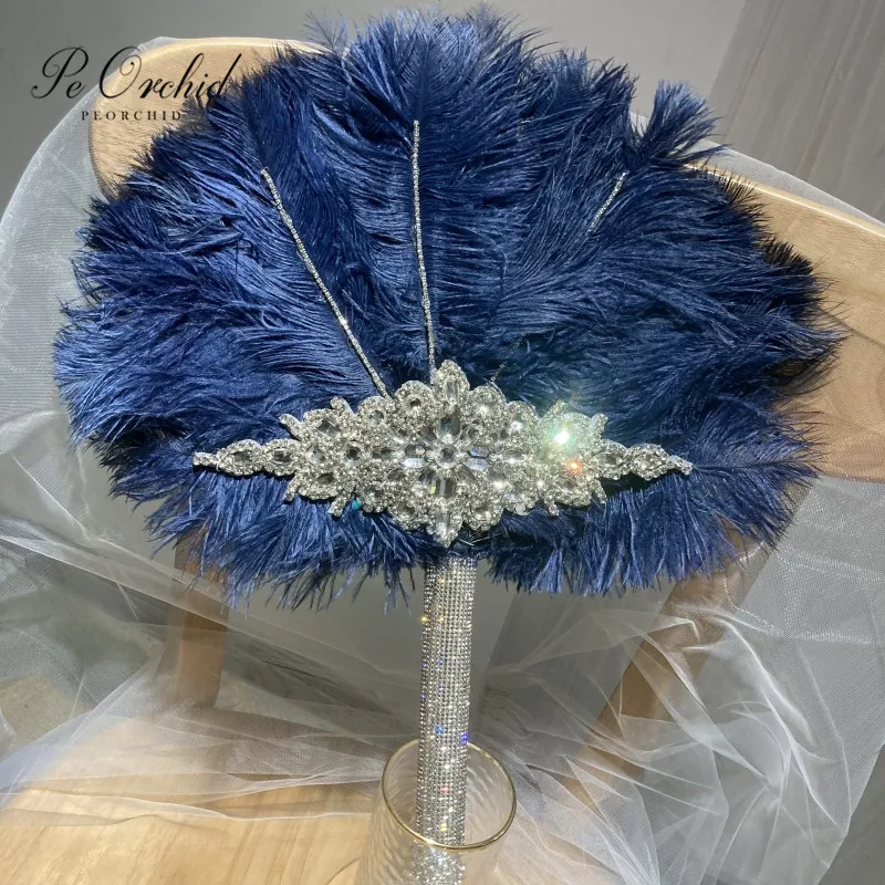 PEORCHID-Personalizado Avestruz Pena Mão Fan Bouquet, Grande Gatsby, 1920 Estilo Bling, Cristal Casamento, Nupcial