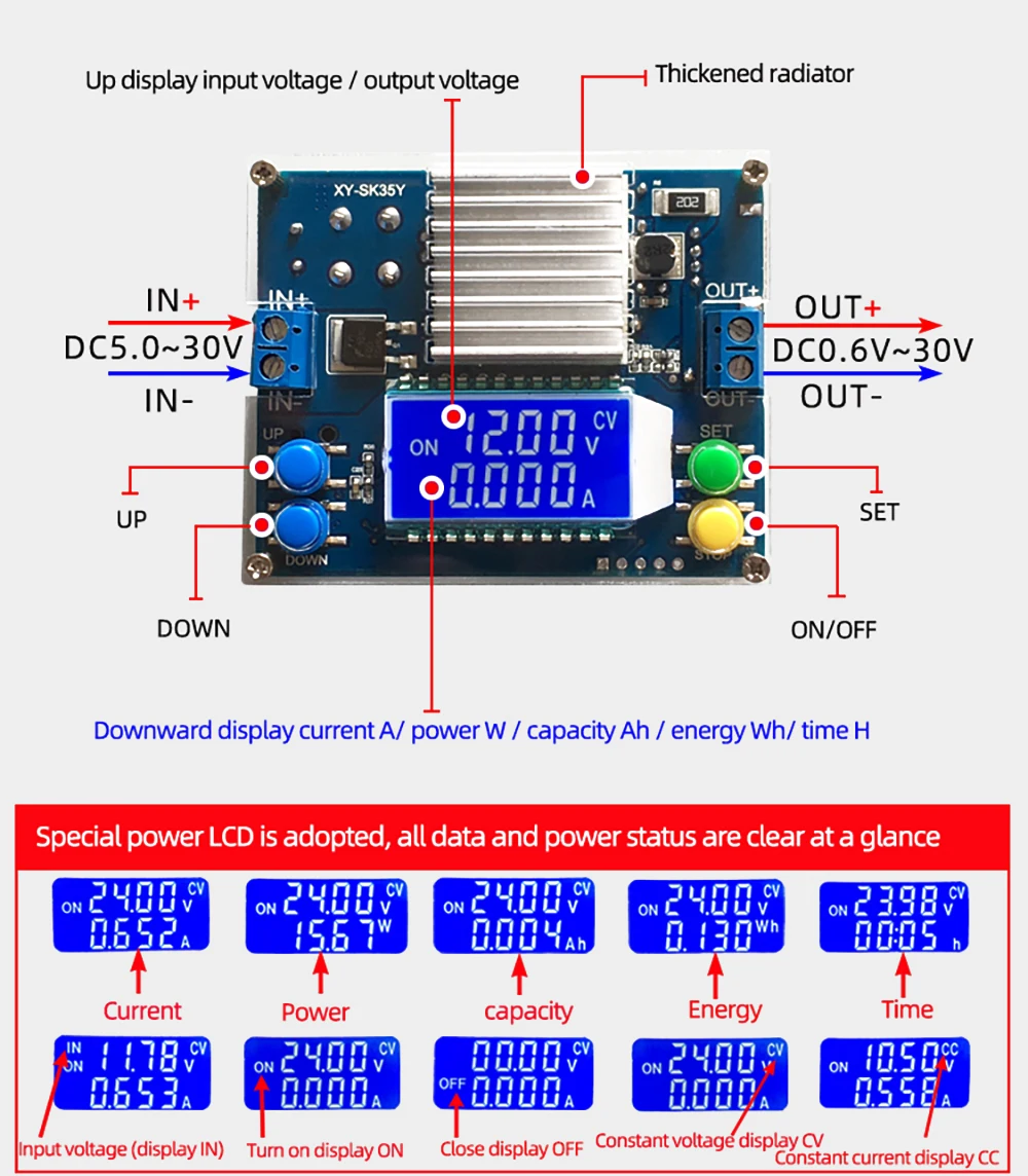 CC CV Automatic Boost Buck Converter 0.6-30V 4A 35W 5V 12V 24V DC-DC Step Up Down Power Supply LCD Digital Voltmeter Ammeter