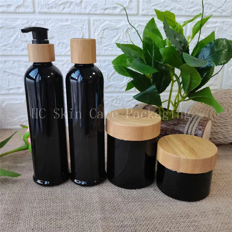 

Wholesale 8OZ clear black plastic shampoo lotion bottles and 150g 250g skin care cream jars with bamboo lid Cream Box Refillable