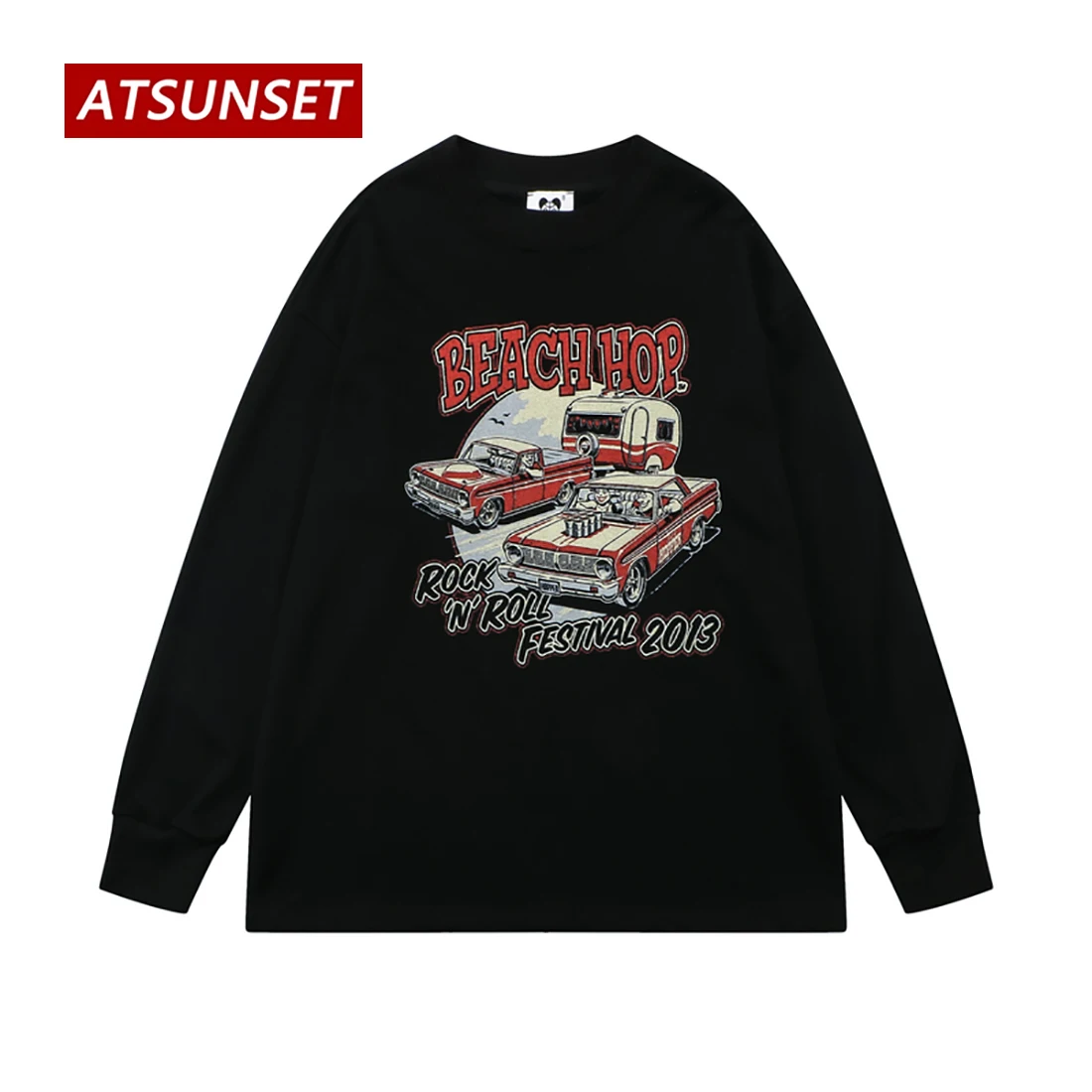 

ATSUNSET BEACH HOP Sports Car Print Sweatshirt Autumn Cotton Pullover Street Retro Style Round Neck Hoodie Tops