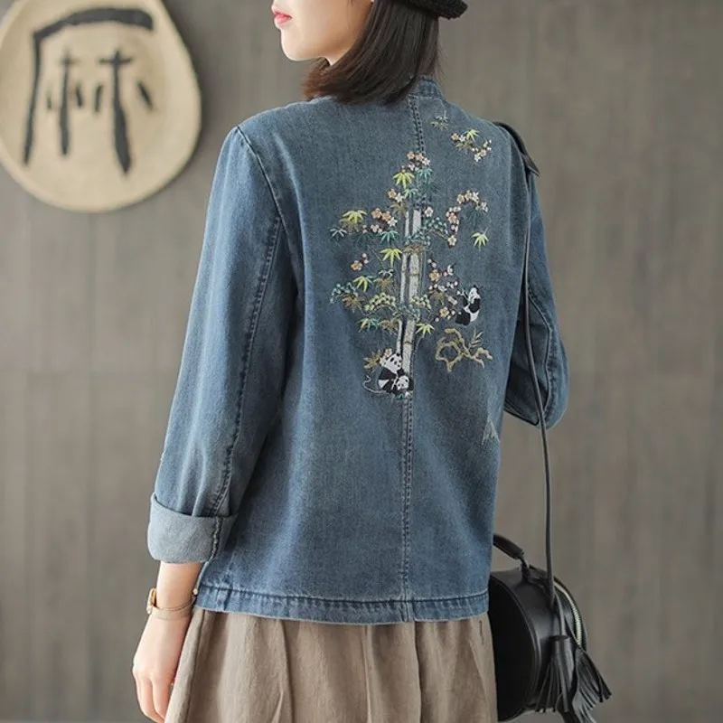 Blusas Mujer De Moda Lange Mouw Enkele Breasted Denim Shirt Chinese Stijl Vintage Floraal Emboridery Losse Casual Blouse