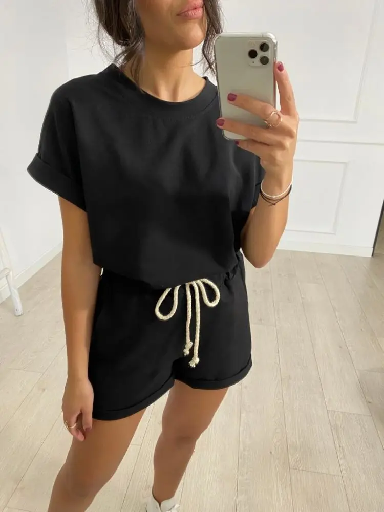 Summer Cotton Sets Women Casual Two Pieces Short Sleeve T Shirts and High Waist Short Pants Solid Outfits Tracksuit