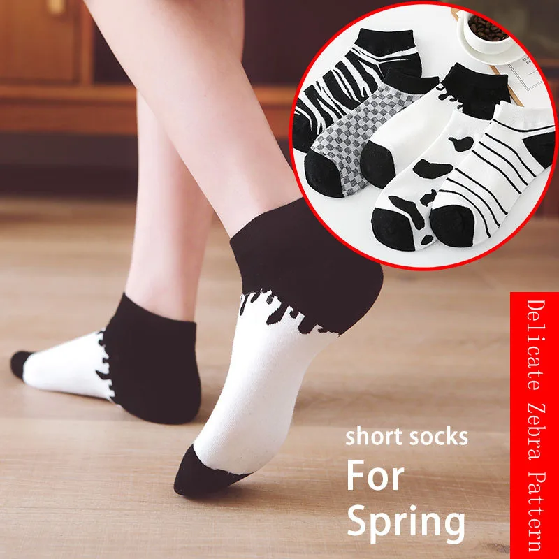 Spring And Summer Women New Cotton Black White Cute Socks Delicate Zebra Pattern Short Heel Shallow Mouth Breathable Sock Female