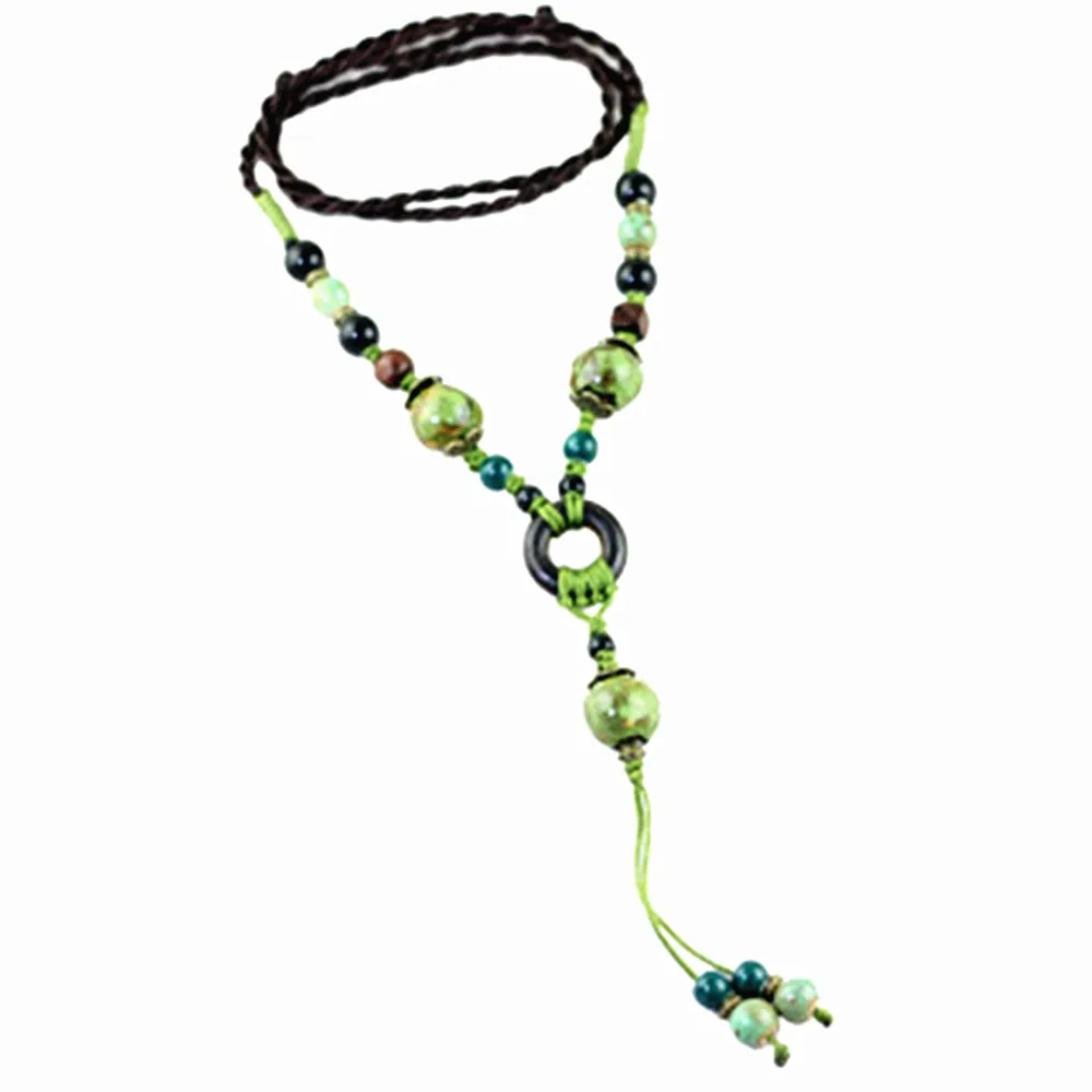 Retro Ethnic style Handmade ceramic Bead pendant sweater chain necklace N406