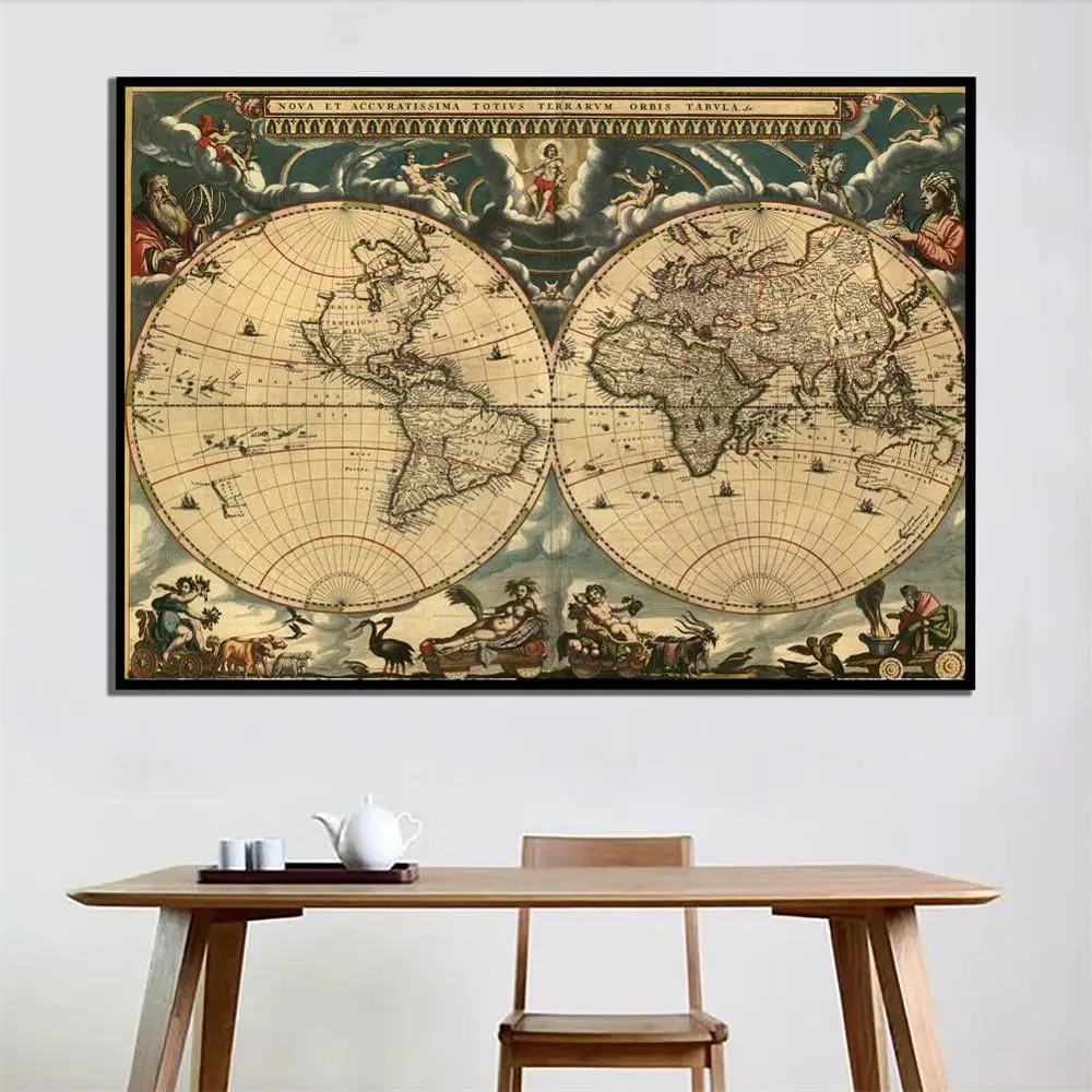 Mapa mundi retrô de lona fina, tamanho a2, impresso, sem moldura, decoração para parede, escola, escritório