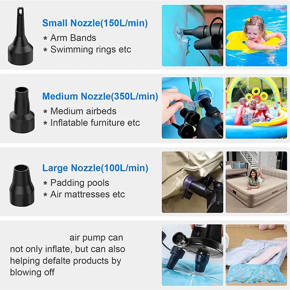 Electric Air Pump Portable Inflatable Pump Compressor For Mattress Swimming Pool Fast Air Filling Inflator Blower 3 Nozzles