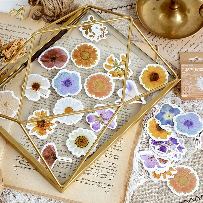 44pcs Dried Flowers Design Sticker As Gift Tag Birthday Gift Decoration Scrapbooking DIY Sticker