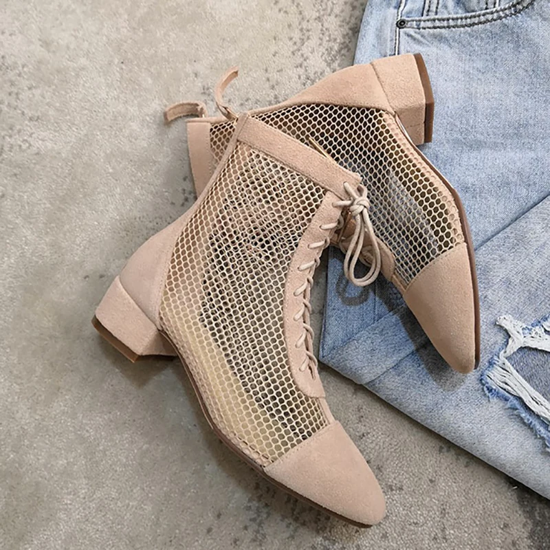 Silver Chunky Heel Hollow Ankle Bootie Lace Up New Arrivals Breathable  Woman Short Boots  Summer Spring Fall Dress Bootie