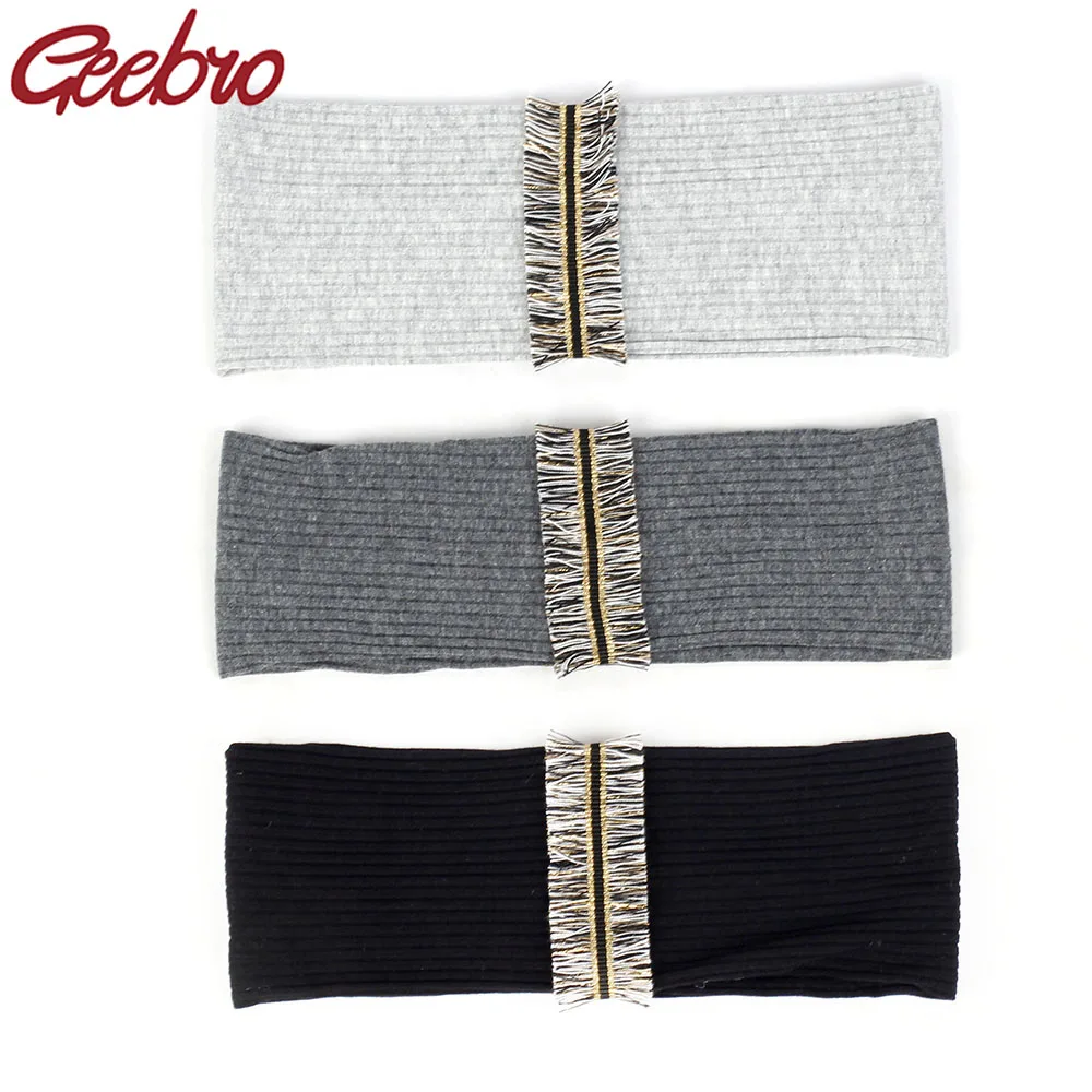 Geebro Vintage Boho Tassel Stripe Women Headband Soft Ribbed Hair Band Wide Elastic Hair Accessories for Yoga Running Girls Gift