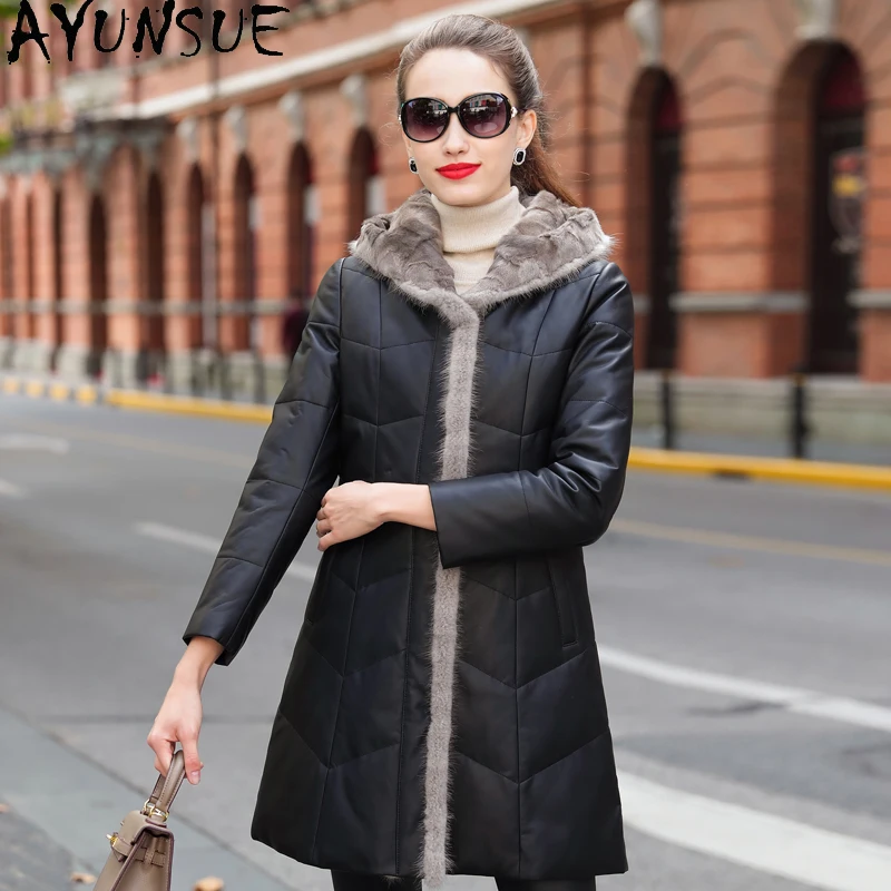 AYUNSUE Real Leather Jacket Women Mink Fur Collar Hooded Women's Winter Down Jackets Sheepskin Coat Female 2020 Veste Femme