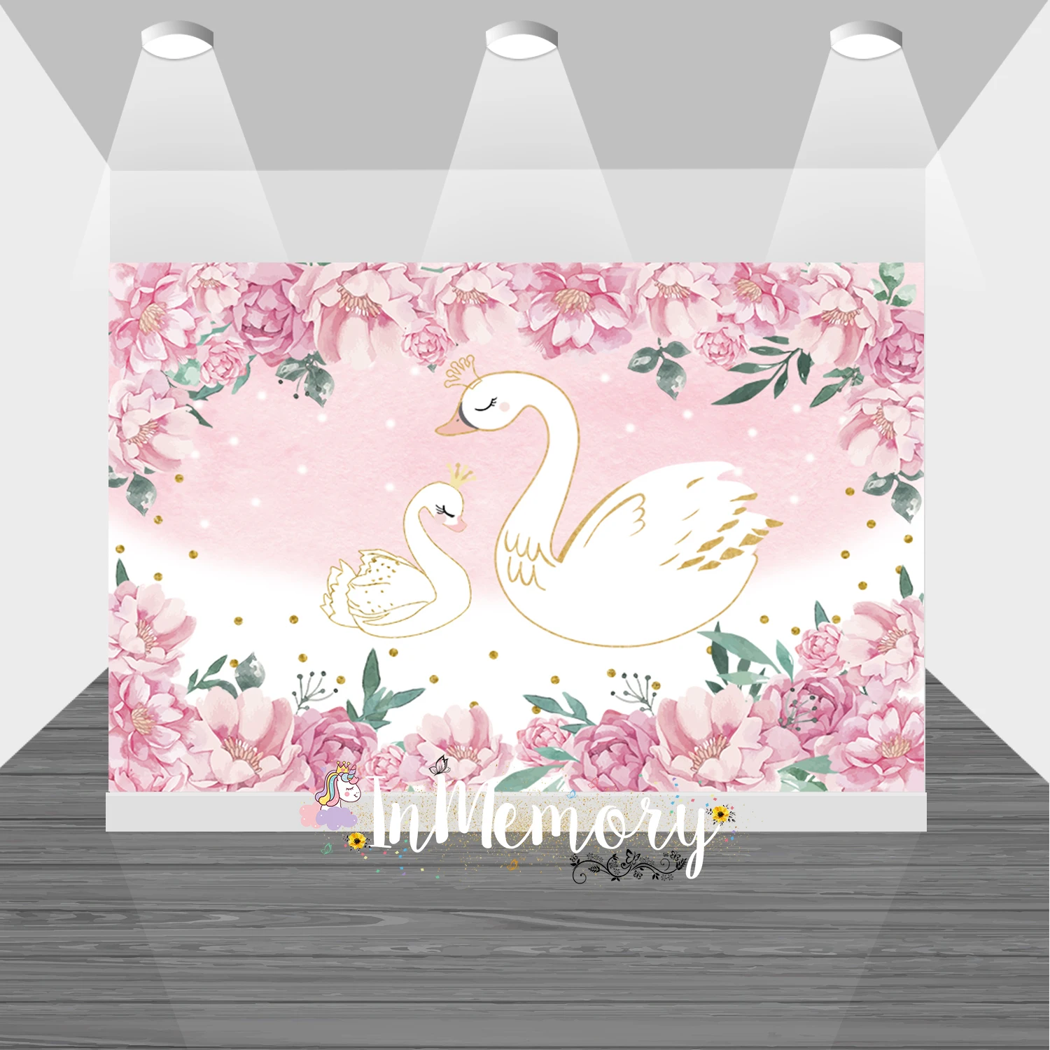 

Swan Background Happy Birthday Baby Shower Newborn Pink Flower Party Backdrops Photo Studio for Baby Photocall Decoration