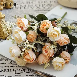 YO CHO Artificial Silk Rose Flower for Girl  Wedding Mini Bouquet  DIY Home Party Decoration  15 Heads  Champagne Blue