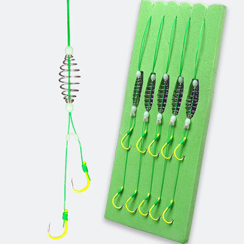 Hameçons de pêche à double ardillon en acier au carbone avec ligne PE, accessoire anti-enroulement pour carpe, lot de 5 paires, B349