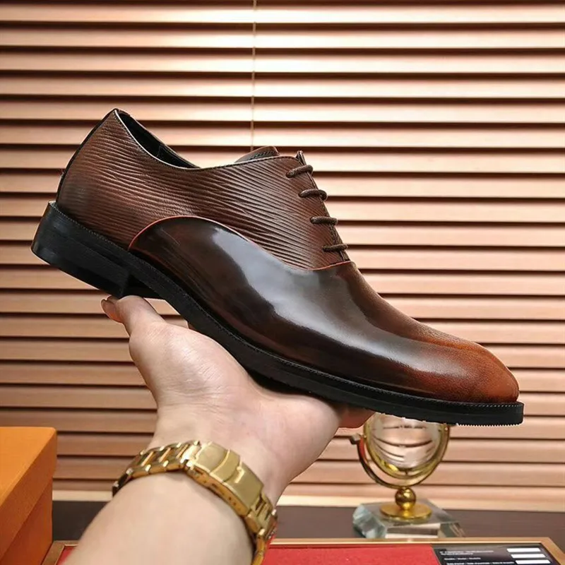 Genuine Cowhide Brand Leather Men Formal England Style Pointed Toe Business Dress Handmade Retro Brown Wedding Shoes