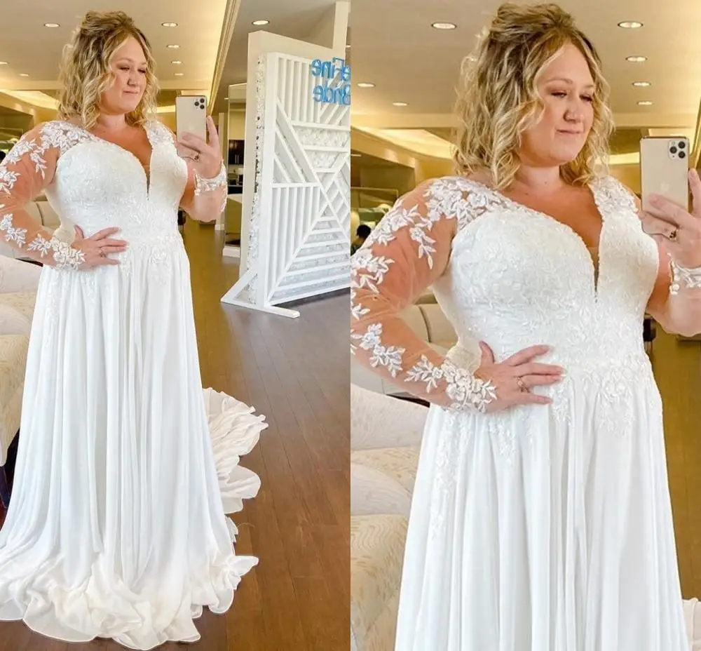 Vestido de novia de talla grande para mujer, elegante vestido de gasa de manga larga con apliques de encaje y cuello en V