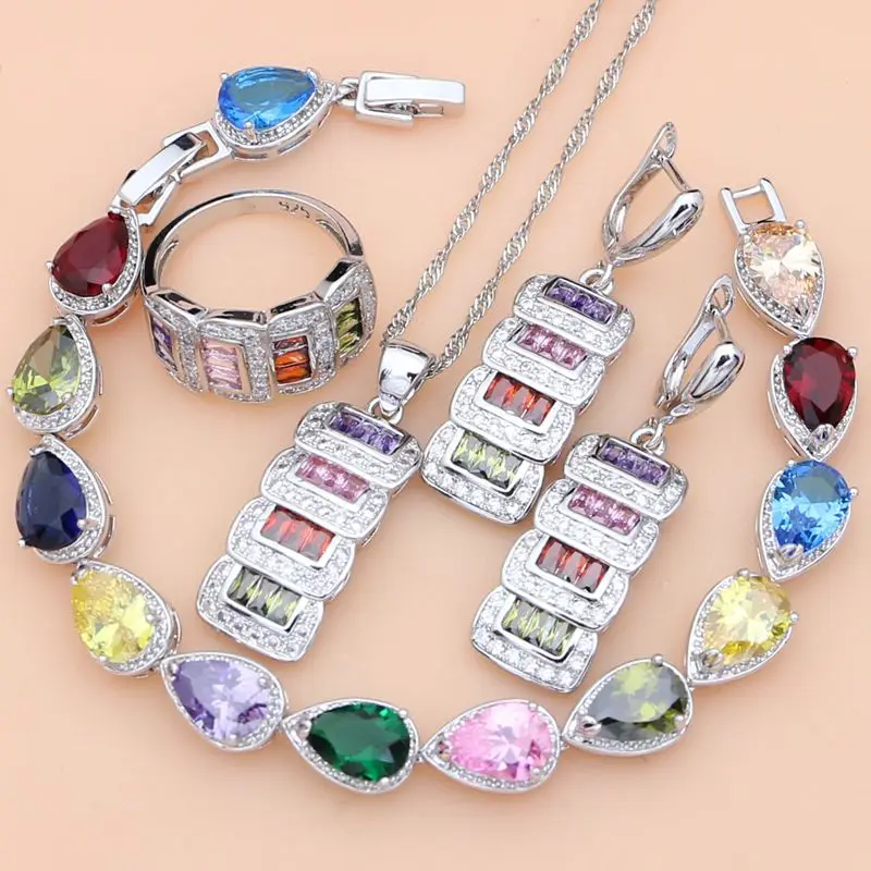 

925 Sterling Bride Jewelry Sets Multicolor Gemstone Crystal Earrings Stone Bracelet Necklace Set Dropshipping