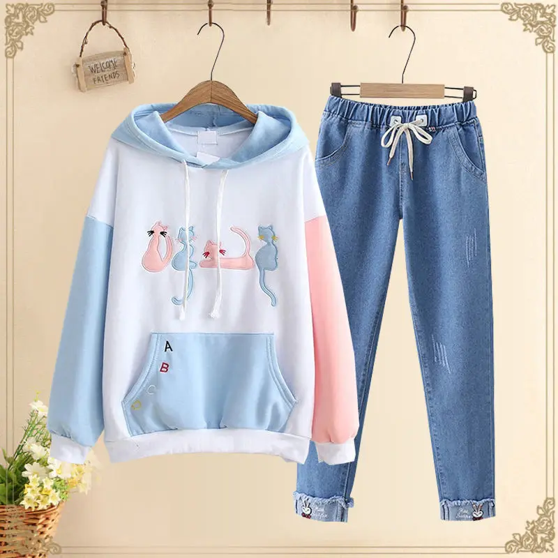 Single/Set Female Student Jeans Set 2023 New Women Spring Autumn Sweatshirt+Cowboy Pants Two-Piece Suit Jeans No velvet  B1230