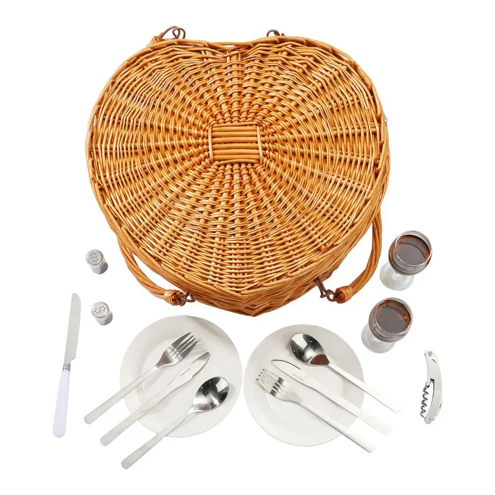 Herz-Geformte Hand-Woven Picknick Lagerung Korb Behindern Warenkorb Tasche Mit Geschirr Und Griff Für Outdoor Camping