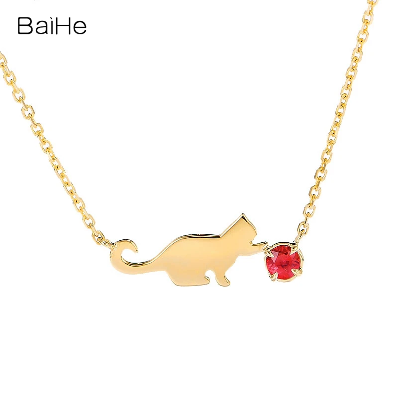 

BAIHE Solid 18K Yellow Gold 0.12CT Natural Ruby Cat Necklace Women Clavicle Chain Trendy Fine Jewelry Making ネックレス Halskette