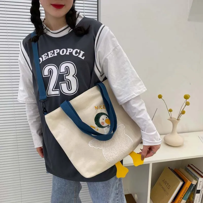 Solid Color Messenger Bag with Cute Duck Canvas Large Capacity Shoulder Bag Handbag for Women
