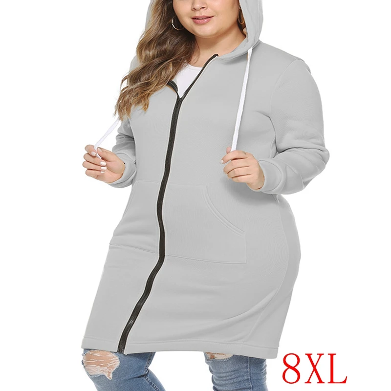 Casual Hoodie with Zipper Pockets for Ladies, Long Sweatshirt, Fashion, Thickening, 5XL, 6XL, 7XL, 8XL, New, Large Size