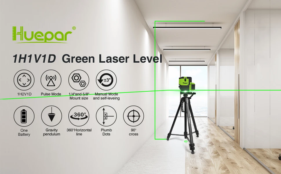 Huepar Multi-Line Laser Level Self-leveling Vertical & Horizontal Lines & Plumb Dot Green Cross Line Laser Tools with Hard Case