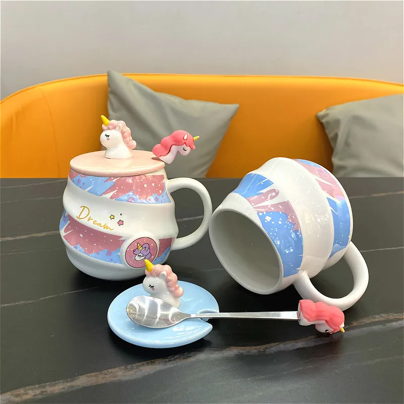 Cute 3D Unicorn Ceramic Mug With Lids Spoon Coffee Cups Lovely Mug Couple Creative Girl New Year Christmas Drinkware Gift