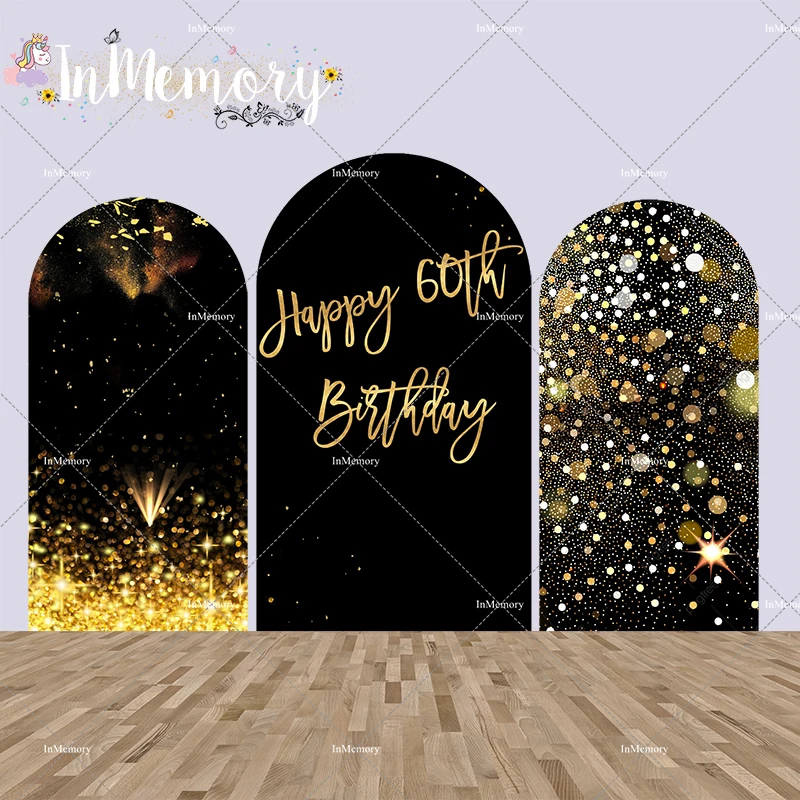 

Arch Backdrop Wall Banner Cover Black and Gold Glitter Happy 60th Birthday Background for Photo Studio Party Decoration