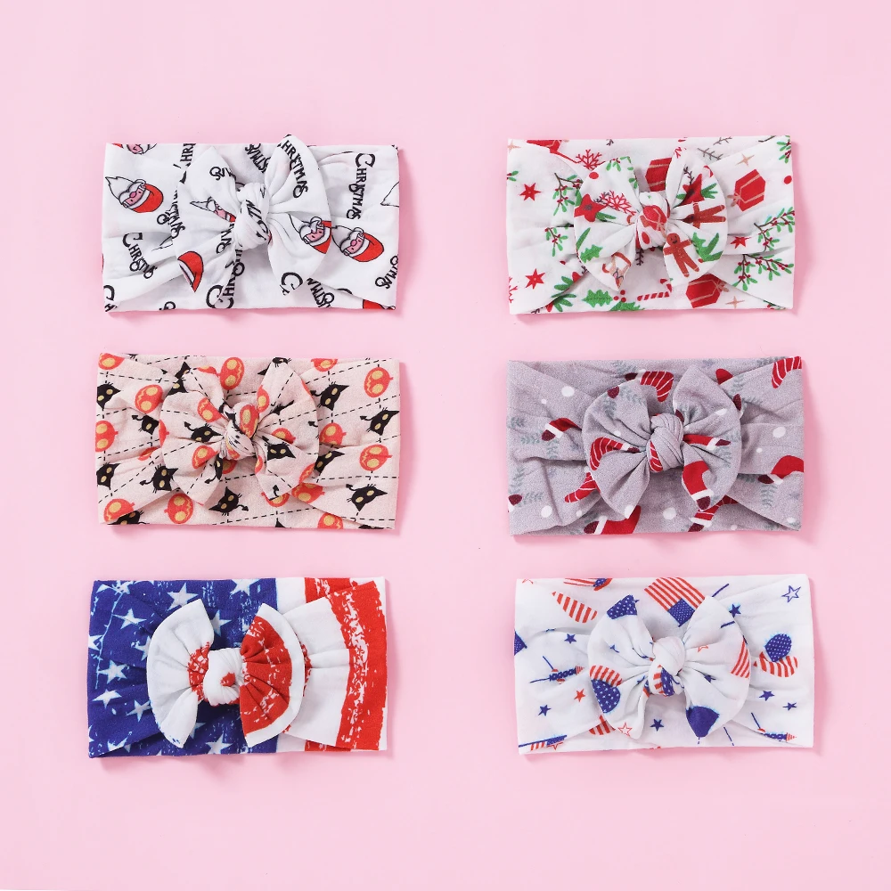 12 pcs/lot, Christmas Print wide nylon turban headbands, Knot Bow Baby Nylon Headwrap, Baby Girls Hair accessories