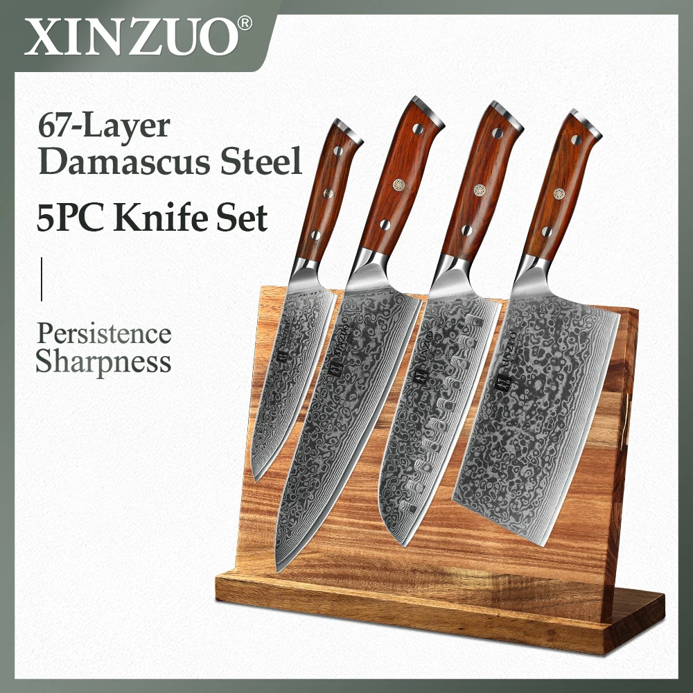 XINZUO 5PCS Knife Set 60 Hrc Damascus Steel Kitchen Tool Set Rosewood Handle Gift Knives Set Kitchen with Holder Accessories