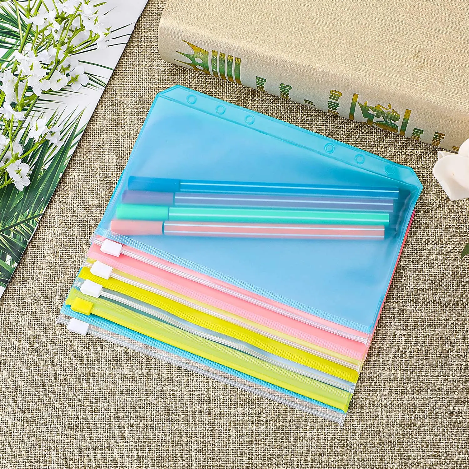 12 Pcs A6 Binder PVC Pockets Colorful Accessories Notebook Binder Pockets with Zipper For Home, School, Office