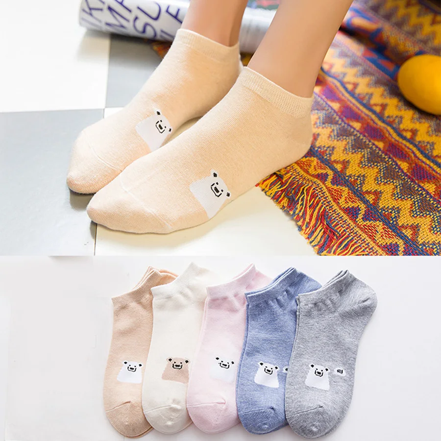 

5Pairs/lot Women Cotton Short Socks Casual Funny Cute Pattern Cat Bear Fruit Weed Stripe Star Letter Love Thin Ankle Sock