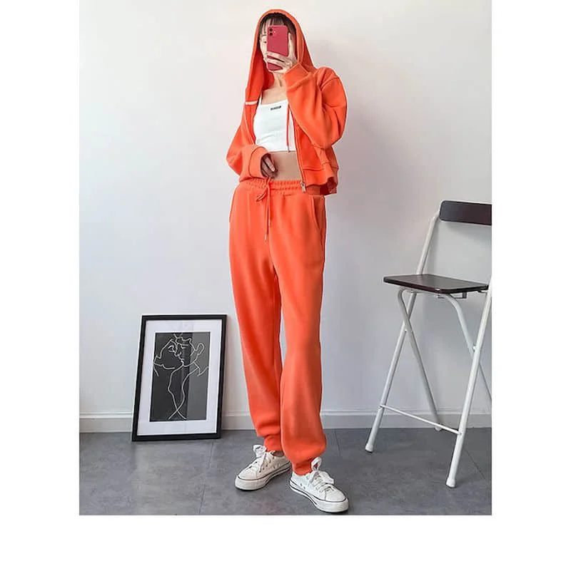 2024 Fall Winter Fashion Loose Sweatshirt Sweatpants Sports Suit Women New Casual Two-piece Long-sleeve Zipper Drawstring Hooded